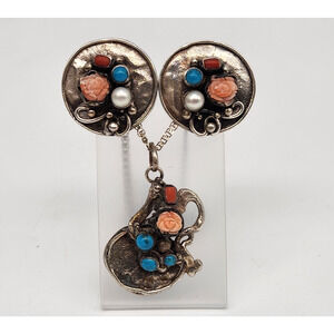 Vintage Southwestern Multi-Stone 950 Sterling Silver Earrings And Pendant Sets